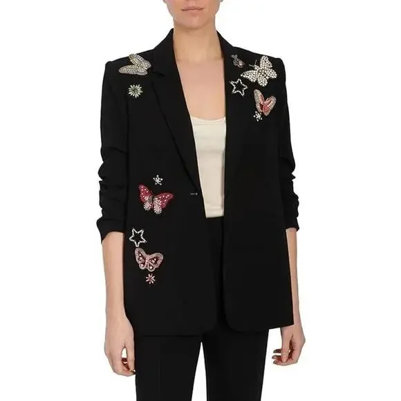 NEW, Cinq A Sept replaced beads BLACK Butterfly Emb Kylie Jacket size 4 #SJ143